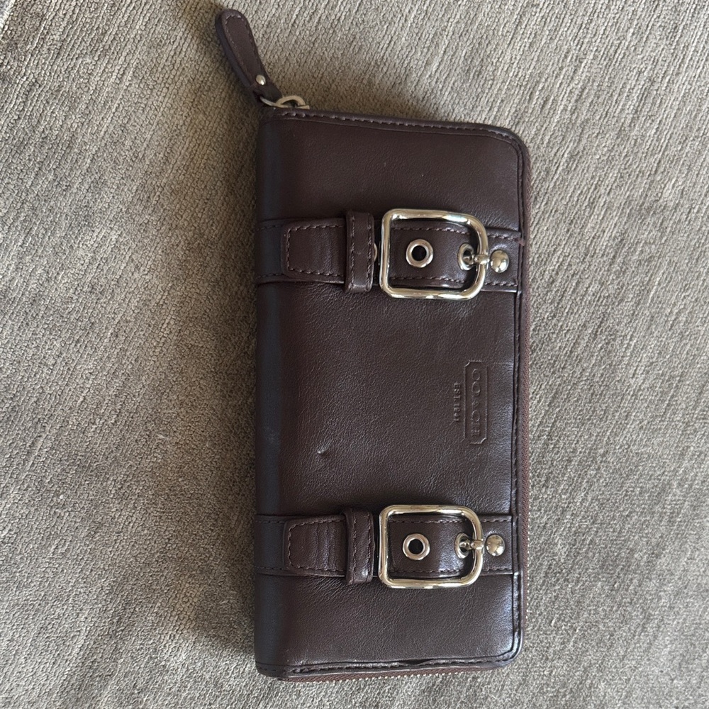 Coach Dark Brown Leather Women's Wallet with Buckle Accents